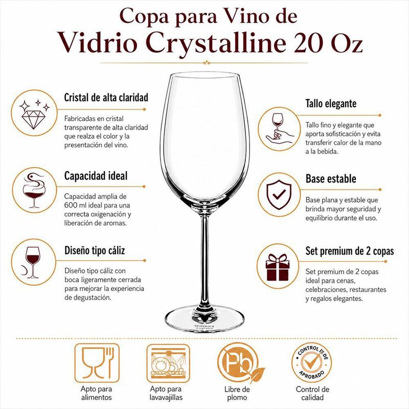 Copa para Vino de Vidrio Crystalline 20 Oz Diseño Olivia 2 Piezas
