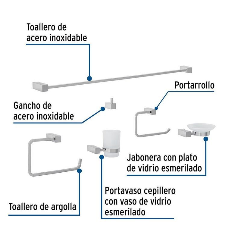 Kit de 6 Accesorios Kubo para Baño Color Cromo