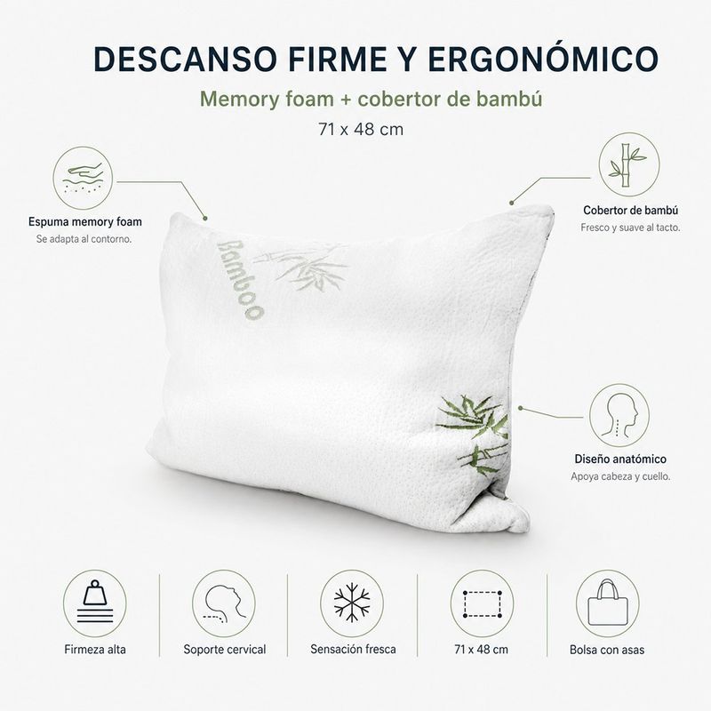 Almohada de Memory Foam de 71 x 48 cm Firmeza Alta con Cobertor de Bambú Verde
