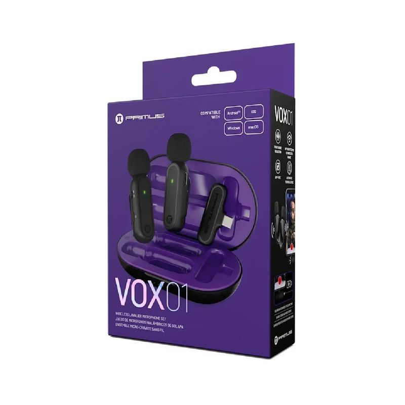 Micrófonos Inalámbricos de Solapa VOX01 2.4 GHz USB-C con Estuche de Carga