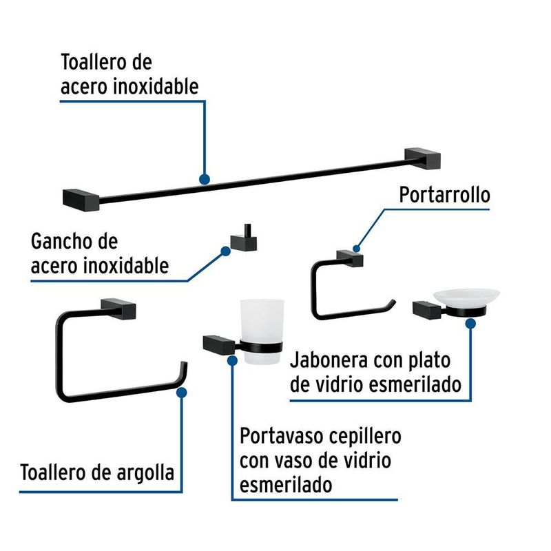 Kit de 6 Accesorios Kubo para Baño Color Negro Mate
