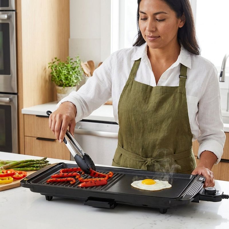 Parrilla y Plancha Eléctrica 1400W con Superficie Lisa Antiadherente Negra