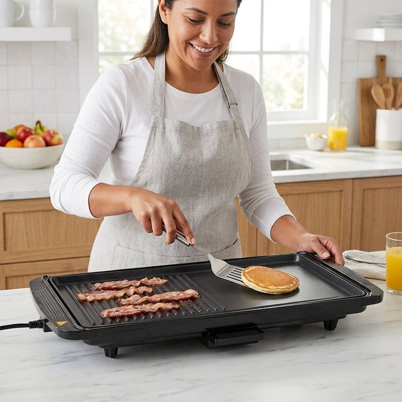 Parrilla y Plancha Eléctrica 1400W con Superficie Lisa Antiadherente Negra