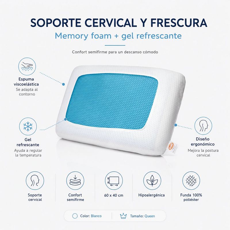 Almohada de Memoria con Gel Luxury de 60 x 40 cm Firmeza Media Blanca