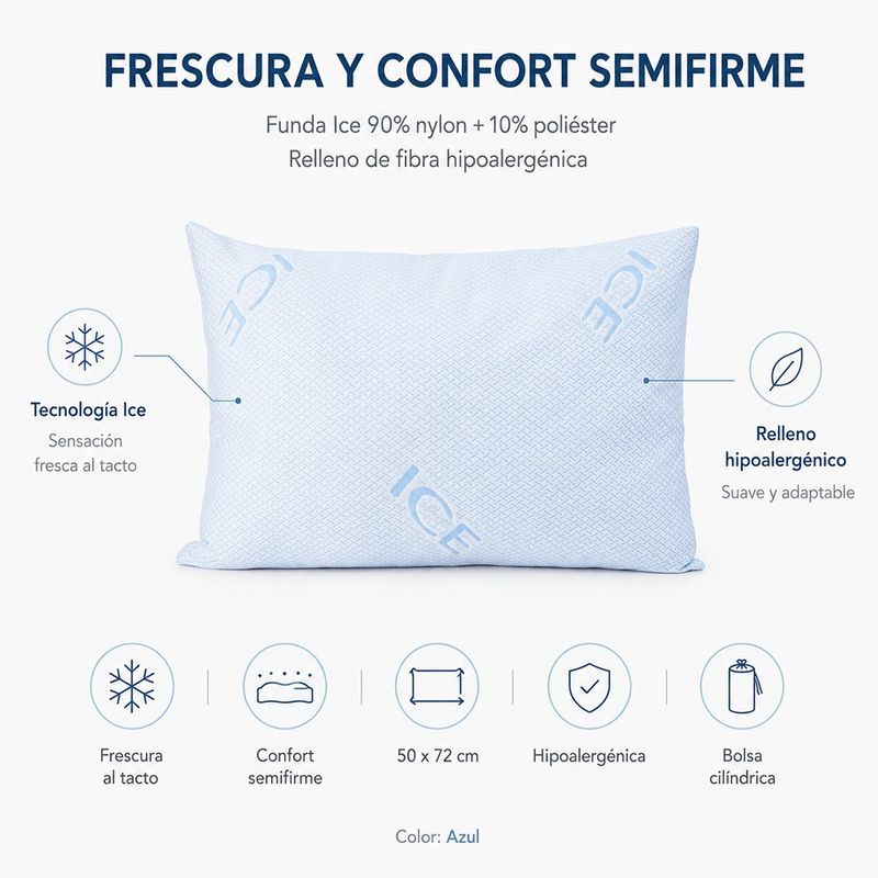 Almohada Refrescante Estándar de 50 x 72 cm Firmeza Media con Cobertor Cooling Azul