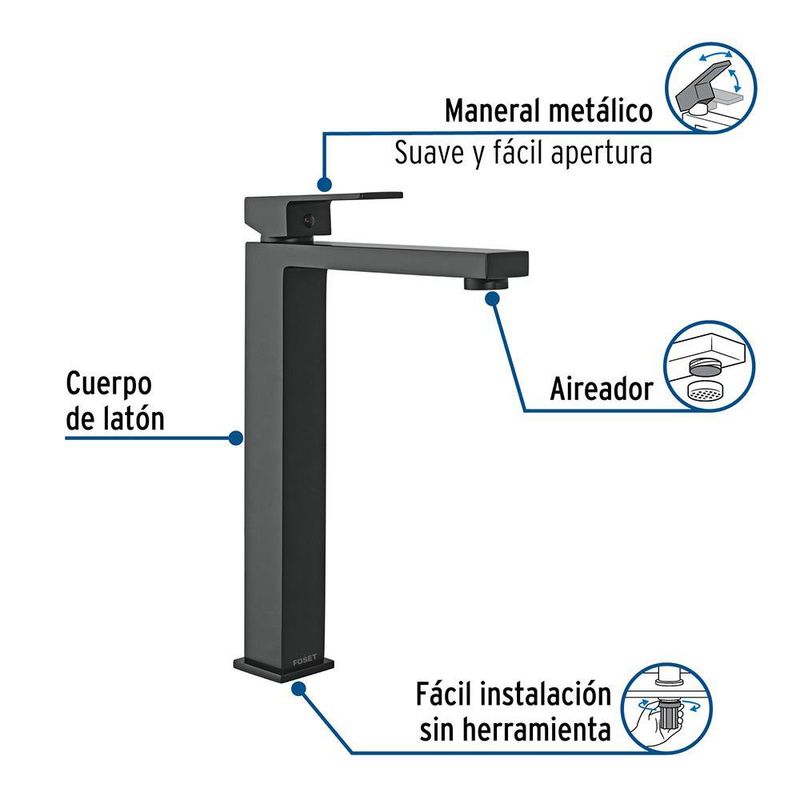 Grifo Monomando Alto Kubo para Lavamanos Color Negro Mate