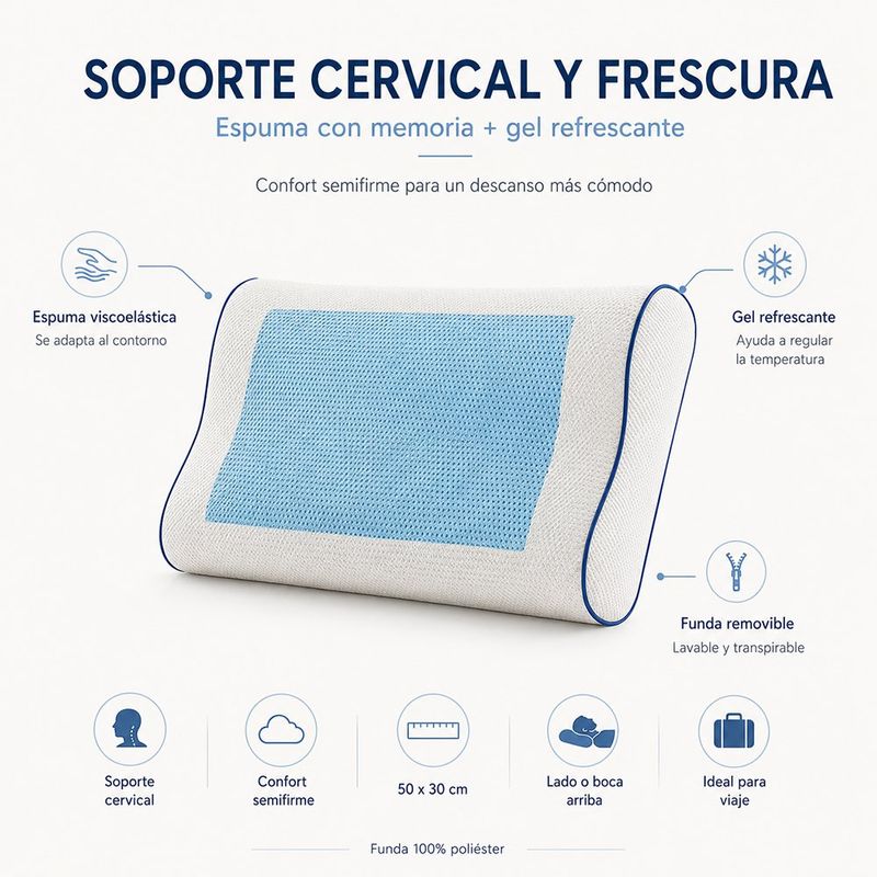 Almohada de Memoria con Gel de 50 x 30 cm Firmeza Media y Funda Transpirable Blanca