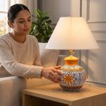 Lámpara de Mesa Estilo Pascua de Cerámica Artesanal Color Naranja y Azul