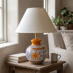 Lámpara de Mesa Estilo Pascua de Cerámica Artesanal Color Naranja y Azul