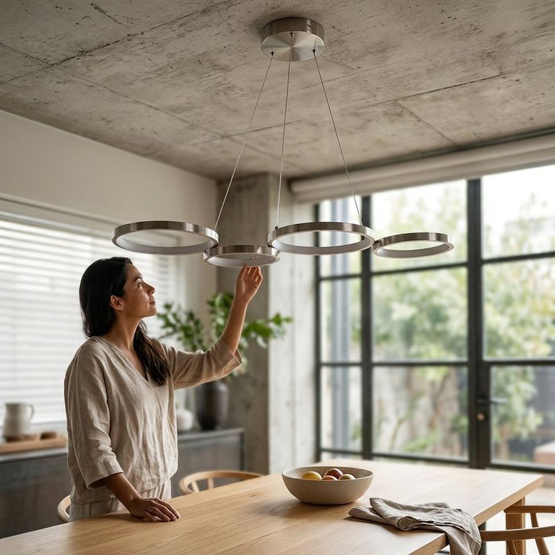 Lámpara Colgante LED de 4 Aros Níquel Satinado con Altura Ajustable de 126 cm para Interior