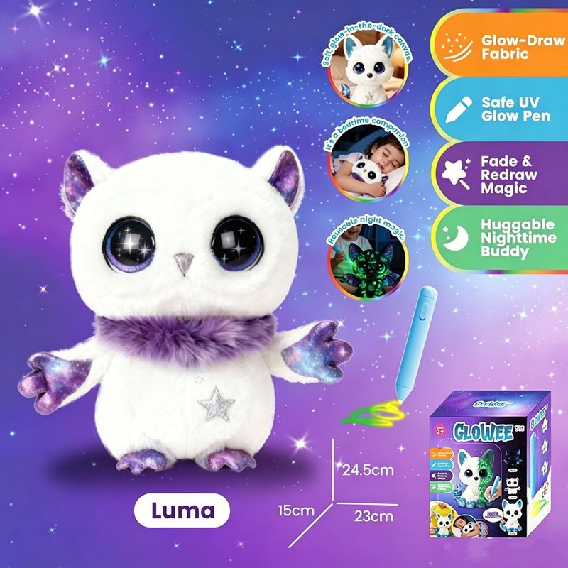 Peluche para Bebé Glowee Luma con Lápiz UV Brilla en la Oscuridad Color Blanco y Morado