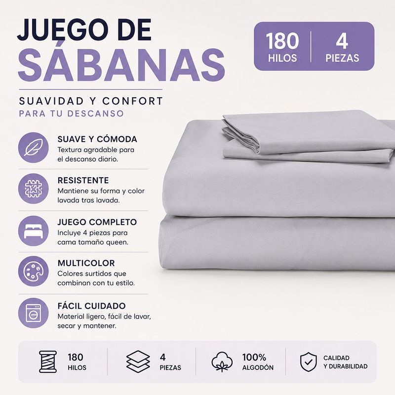Set de Sábanas 100% Algodón 180 Hilos Tamaño Queen Colores Surtidos
