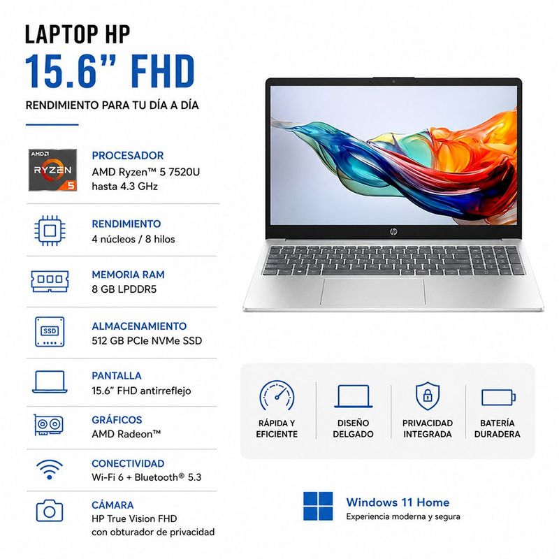 Laptop HP 15-FC0250LA Ryzen 5 8GB RAM 512GB SSD de 15.6 Plg Windows 11 Plateada