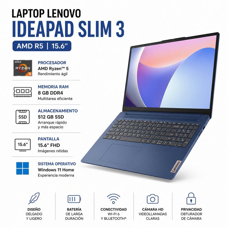 Laptop Lenovo IdeaPad Slim 3 Ryzen 5 16GB RAM 512GB SSD de 15.6 Plg Azul