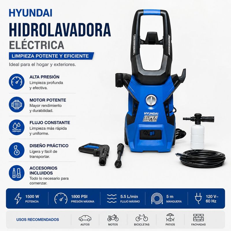 Hidrolavadora Eléctrica HYP2000XT 1800 W 2000 PSI para Limpieza Exterior Azul
