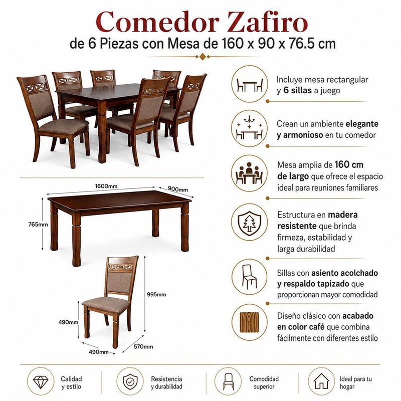Comedor Zafiro de 6 Piezas con Mesa de 160 x 90 x 76.5 cm en Color Café