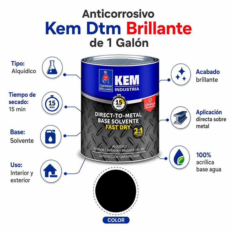 Anticorrosivo Kem Dtm Color Negro Brillante de 1 Galón