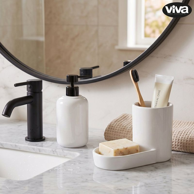 Organizador para Baño con Dispensador de Jabón y Portacepillos Color Blanco