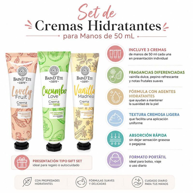 Set de Cremas Hidratantes para Manos de 50 mL Aroma Vainilla, Pepino y Lovely Fruit