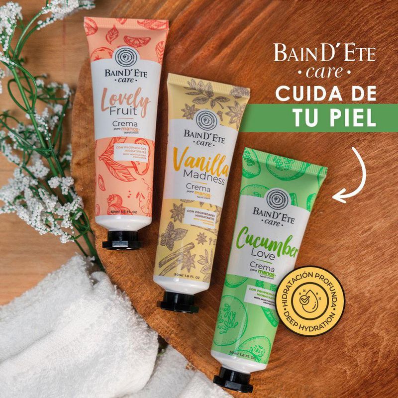 Set de Cremas Hidratantes para Manos de 50 mL Aroma Vainilla, Pepino y Lovely Fruit
