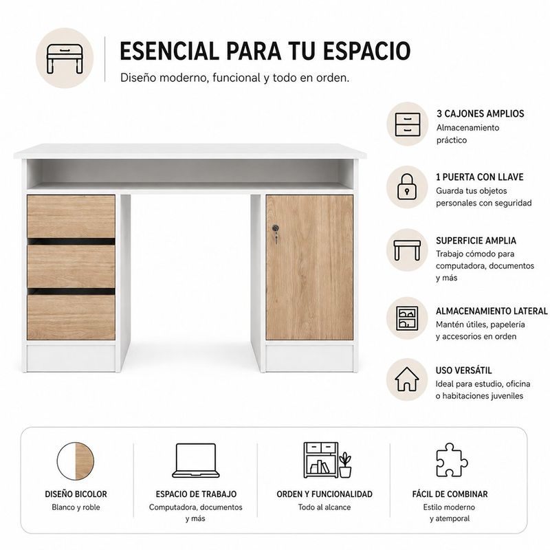 Escritorio Function Plus con 3 Cajones y Puerta con Llave 120 x 50 x 75 cm Blanco y Café