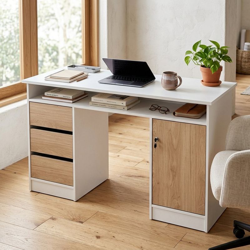 Escritorio Function Plus con 3 Cajones y Puerta con Llave 120 x 50 x 75 cm Blanco y Café
