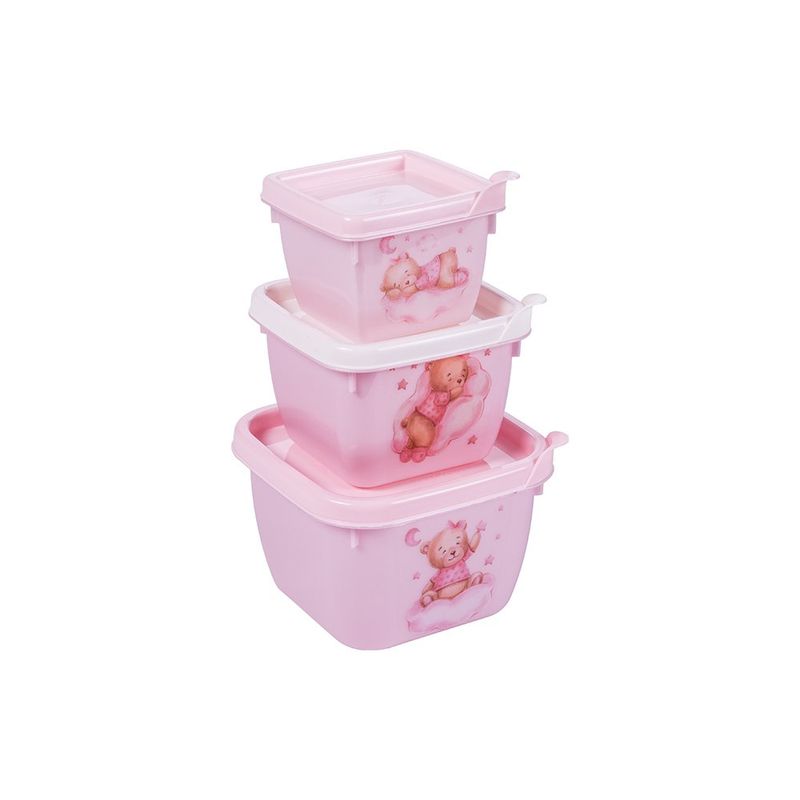 Set de Contenedores Cuadrados Connect Diseño Oso Color Rosado 3 Piezas
