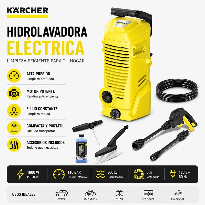 Hidrolavadora Eléctrica K1 Car Edition de 1450 PSI para Limpieza de Autos