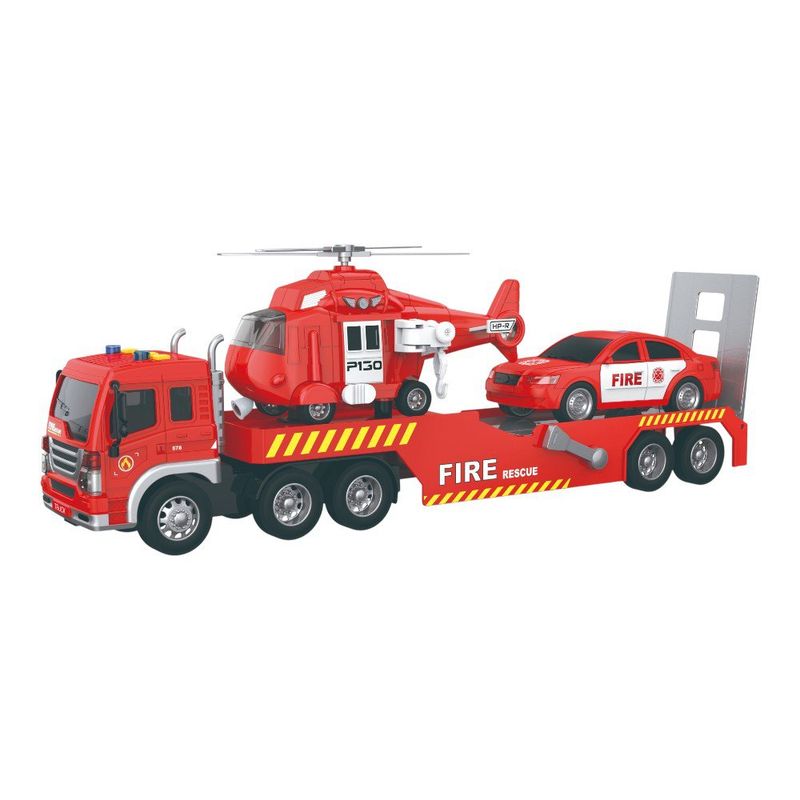 Set de Grúa de Bomberos con Helicóptero y Auto de Juguete en Color Rojo