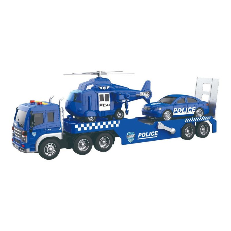 Camión Grúa de Policía con Helicóptero y Auto de Juguete en Color Azul