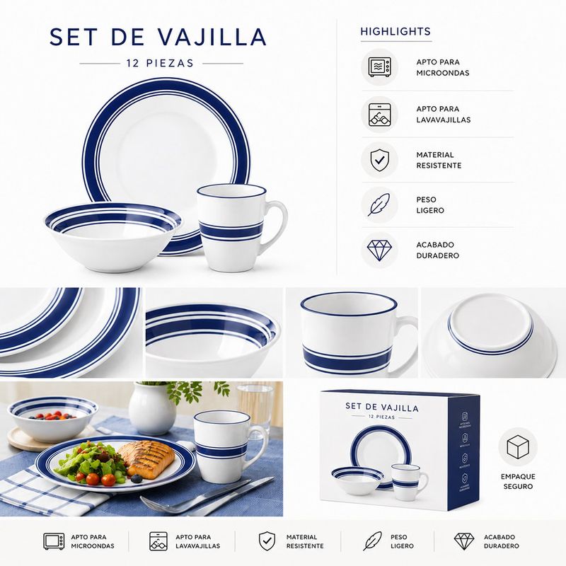 Vajilla de Cerámica Blanca con Borde Azul 12 Piezas