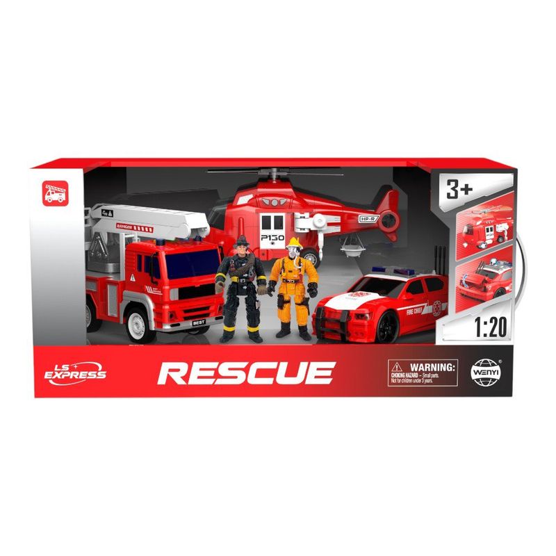 Set de Rescate con Camión de Bomberos, Helicóptero, Patrulla y Figuras Multicolor