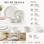 Vajilla de Cerámica 16 Piezas Cuadrada para 4 Personas Blanca