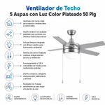 Ventilador de Techo 5 Aspas con Luz Color Plateado 50 Plg