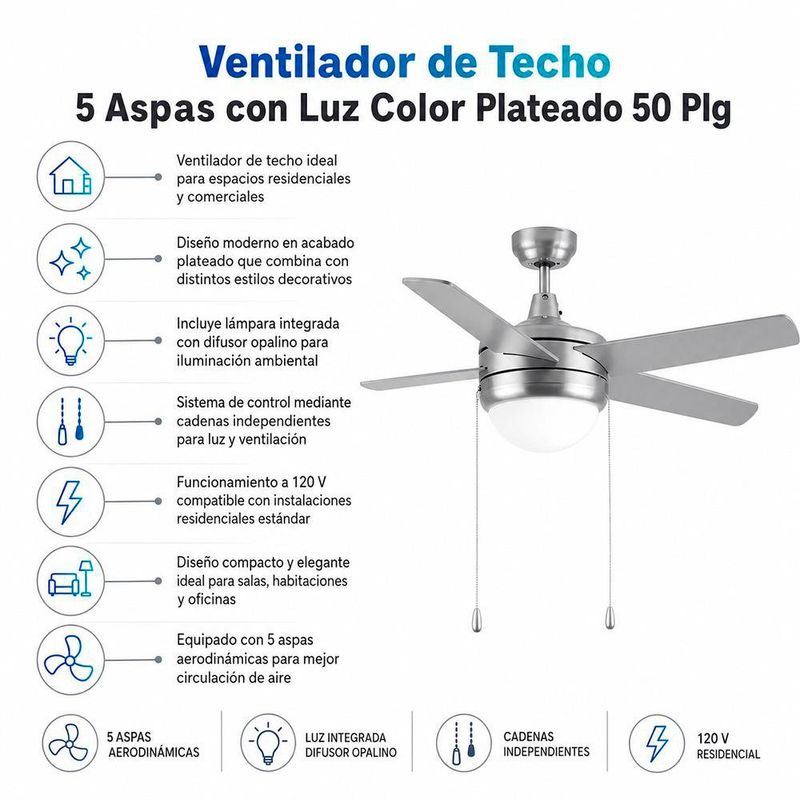 Ventilador de Techo 5 Aspas con Luz Color Plateado 50 Plg