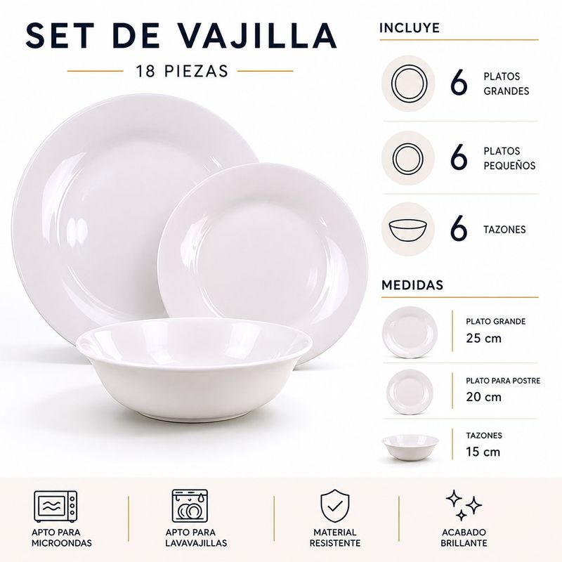 Vajilla de Vidrio Opal 18 Piezas Circular para 6 Personas Color Blanco