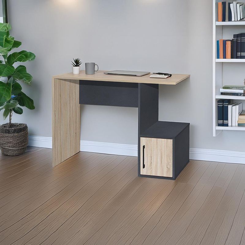 Escritorio Luna con Puerta y Compartimento Abierto de 100 x 45 x 75 cm Gris Oscuro y Beige