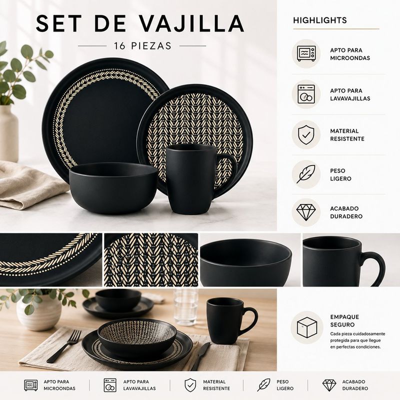 Vajilla Vania de Cerámica 16 Piezas con Diseño de Trigo para 4 Personas Gris Oscuro