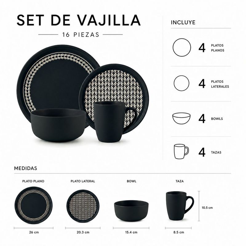 Vajilla Vania de Cerámica 16 Piezas con Diseño de Trigo para 4 Personas Gris Oscuro