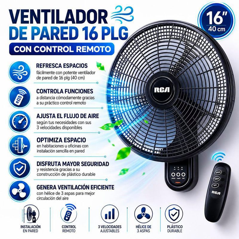Ventilador de Pared 16 plg con Control Remoto Color Negro