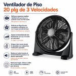 Ventilador de Piso 20 plg de 3 Velocidades Color Negro