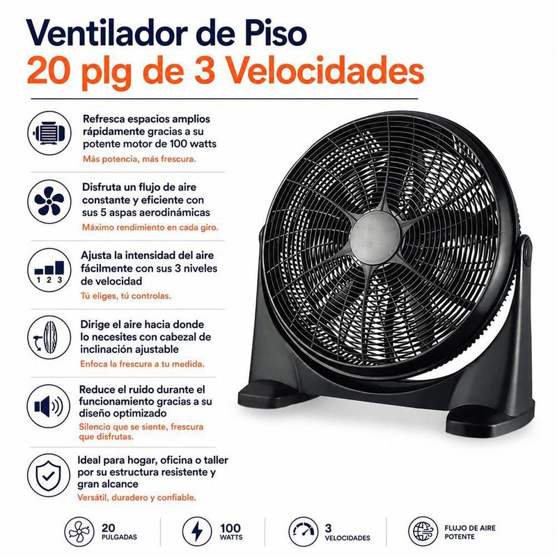 Ventilador de Piso 20 plg de 3 Velocidades Color Negro