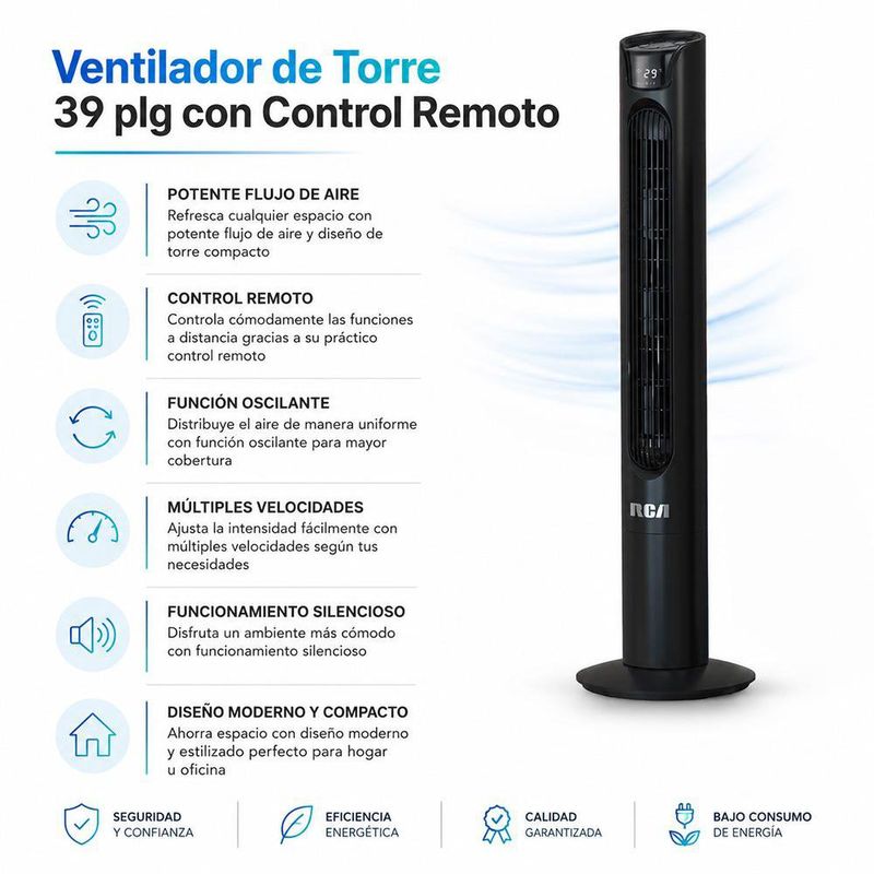 Ventilador de Torre 39 plg con Control Remoto Color Negro