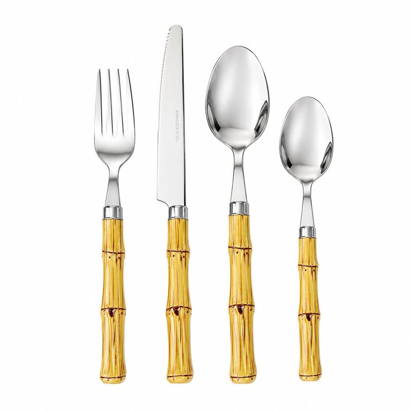 Set de 16 Cubiertos de Acero Inoxidable con Mango Diseño de Bambú