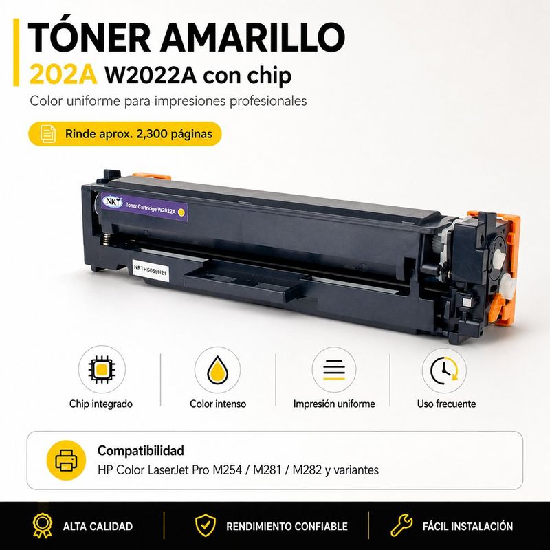 Tóner NKT Original W2022A 202A con Chip para HP Color LaserJet Pro Color Amarillo