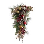 Rama Decorativa Lágrima Colgante Navideña con Bayas y Esferas de 65 cm Roja, Verde y Dorada