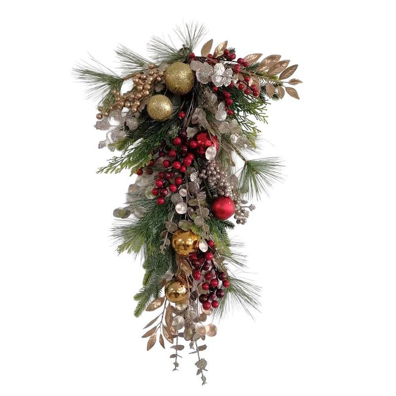 Rama Decorativa Lágrima Colgante Navideña con Bayas y Esferas de 65 cm Roja, Verde y Dorada