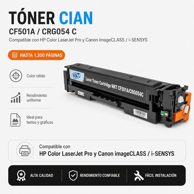 Cartucho de Tóner Láser Cian CF501A CRG054 Compatible con Impresoras HP y Canon