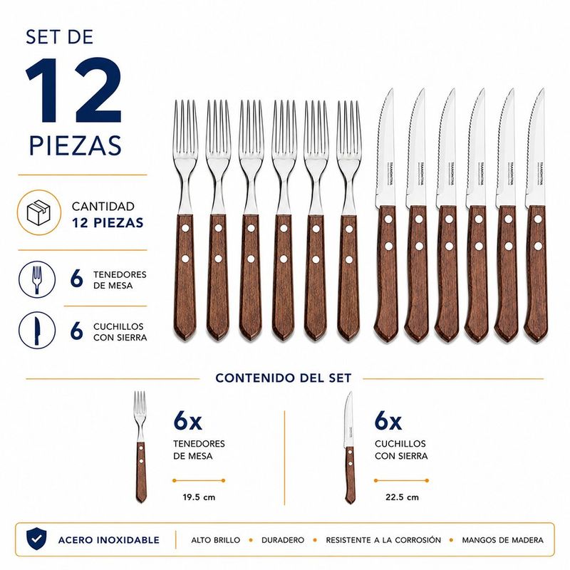 Set de 12 Cubiertos para Carne de Acero Inoxidable con Mango de Madera