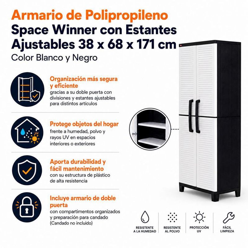 Armario de Polipropileno Space Winner con Estantes Ajustables 38 x 68 x 171 cm Color Blanco y Negro